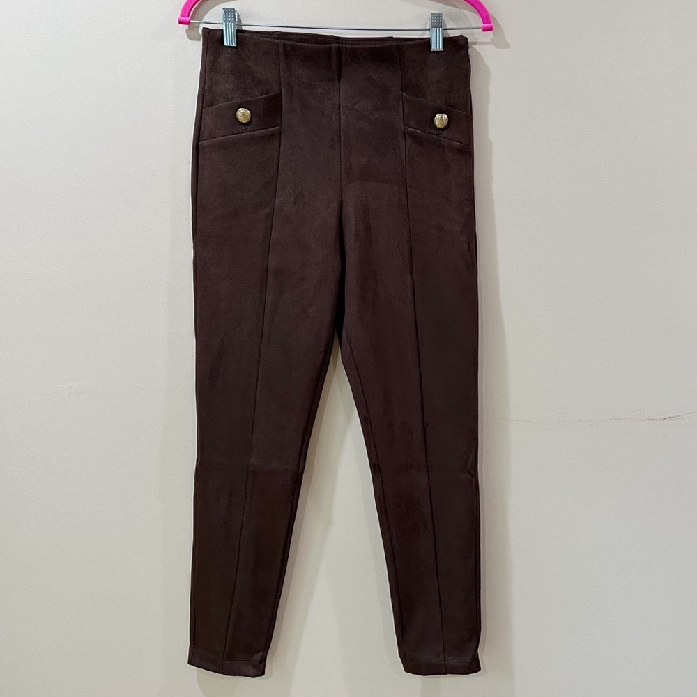 Ann Taylor Legging Pants Brown High Waist Gold Button Pocket Front Seam Pants MP
